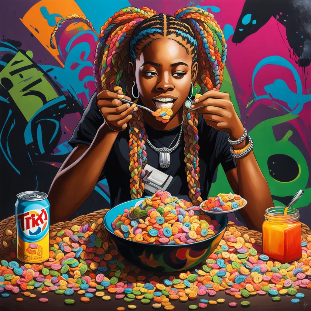 Teen Girl Eating Cereal in Graffiti Street Art Style