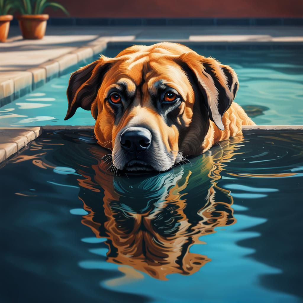Sad Dog Reflection in Water: Hyperrealistic Splash Art