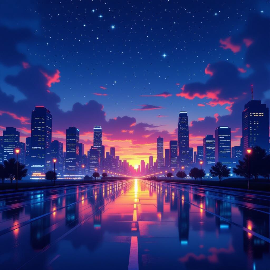 Sunset Cityscape Transitioning to Starlit Night