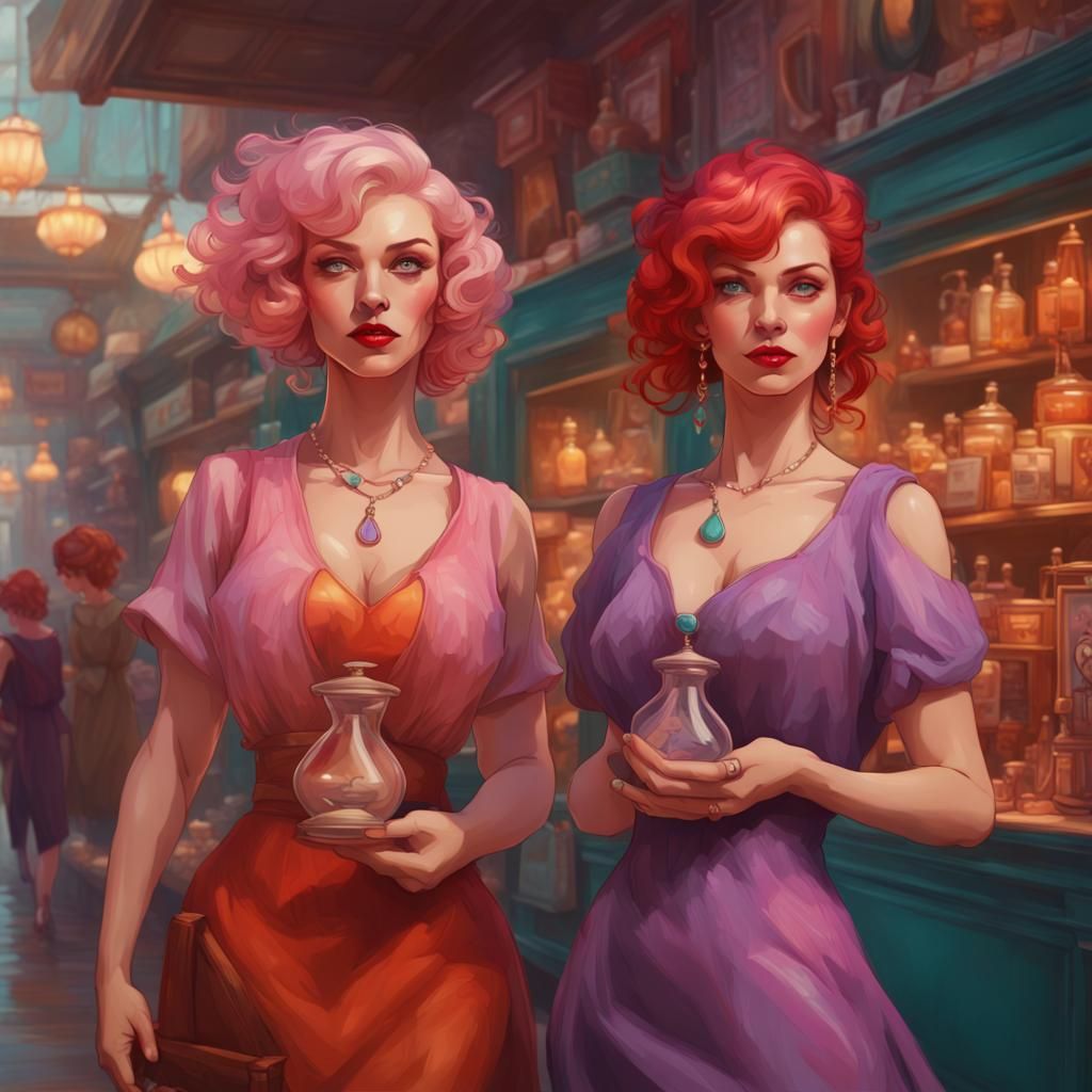 Two Women Shopping in Fifties Style, Digital Art
