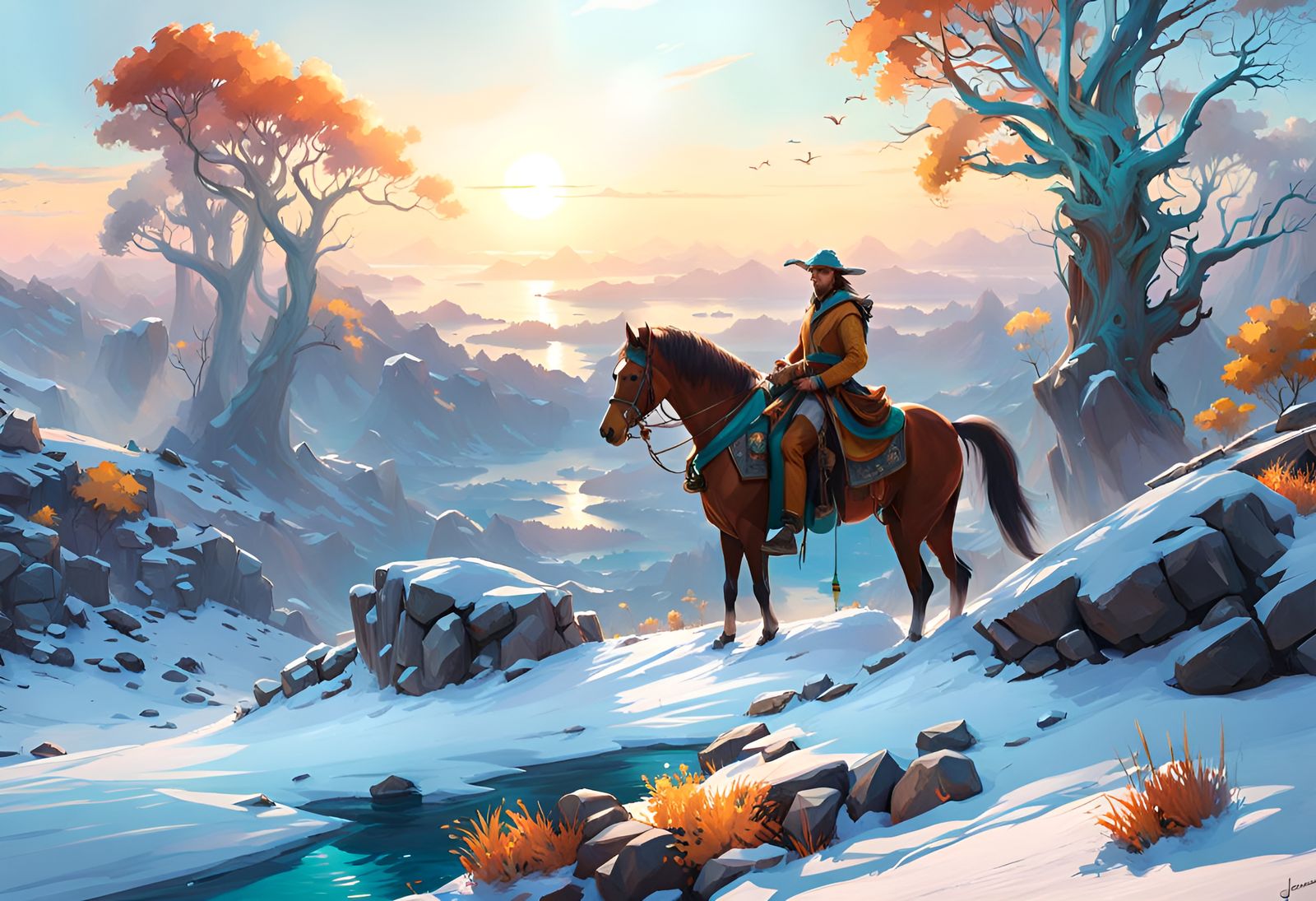 Vibrant Landscape Art in Orange and Teal