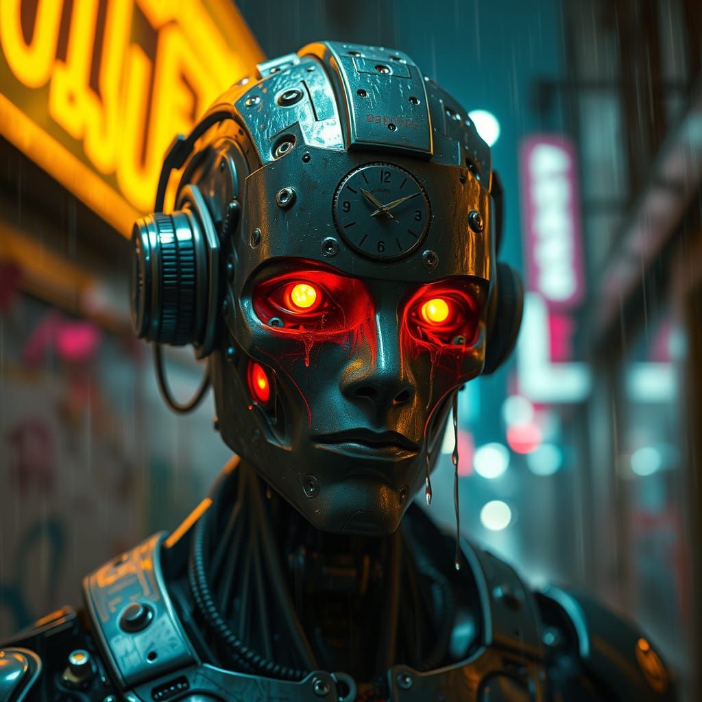 Cyborg Weeping Oil Tears in Rain-Slicked Alleyway