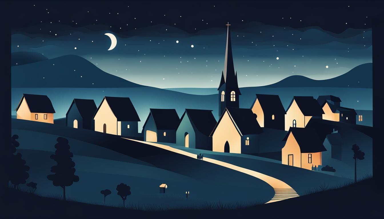 Minimalist Night Village Scene in Geometric Style