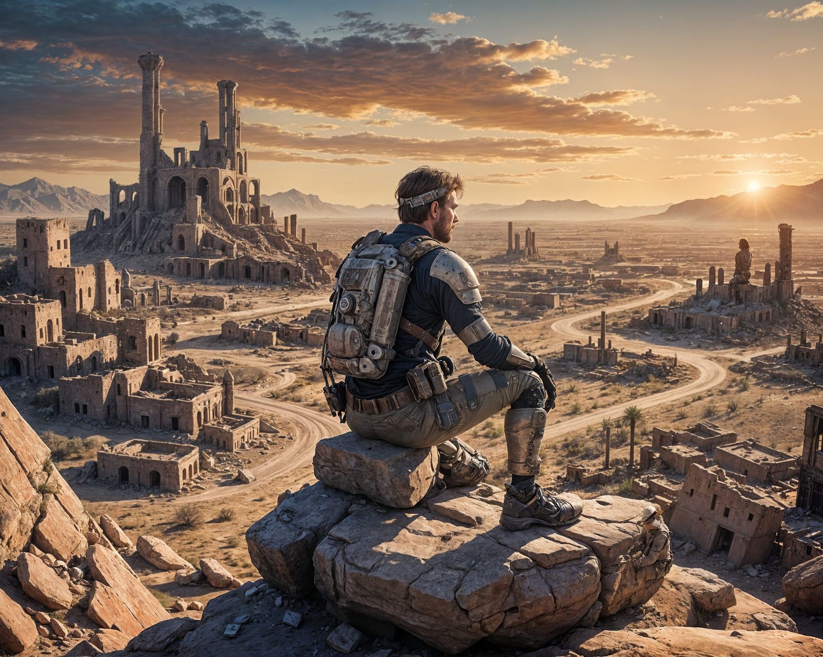 Post-Apocalyptic Survivor at Desert Sunset