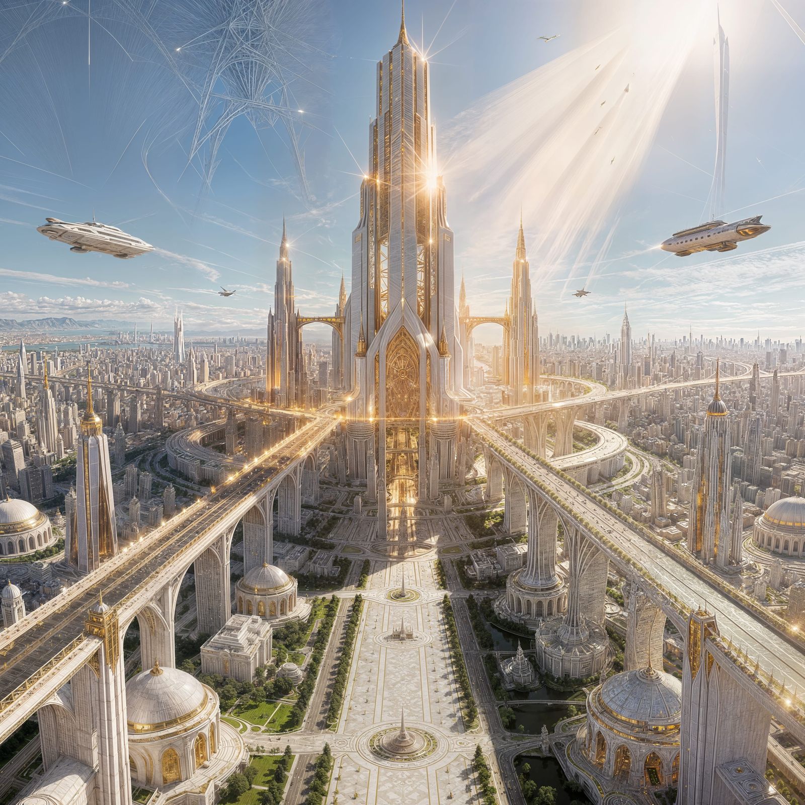 Colossal Porcelain City With Golden Accents Under Clear Sky
