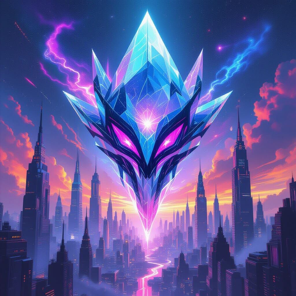 Crystalline Alien Over Futuristic City in Neon Graffiti Styl...