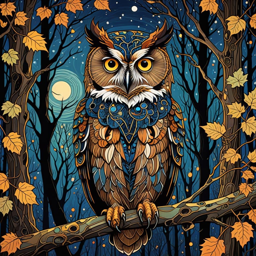 Art Nouveau Owl Portrait in Moonlit Forest