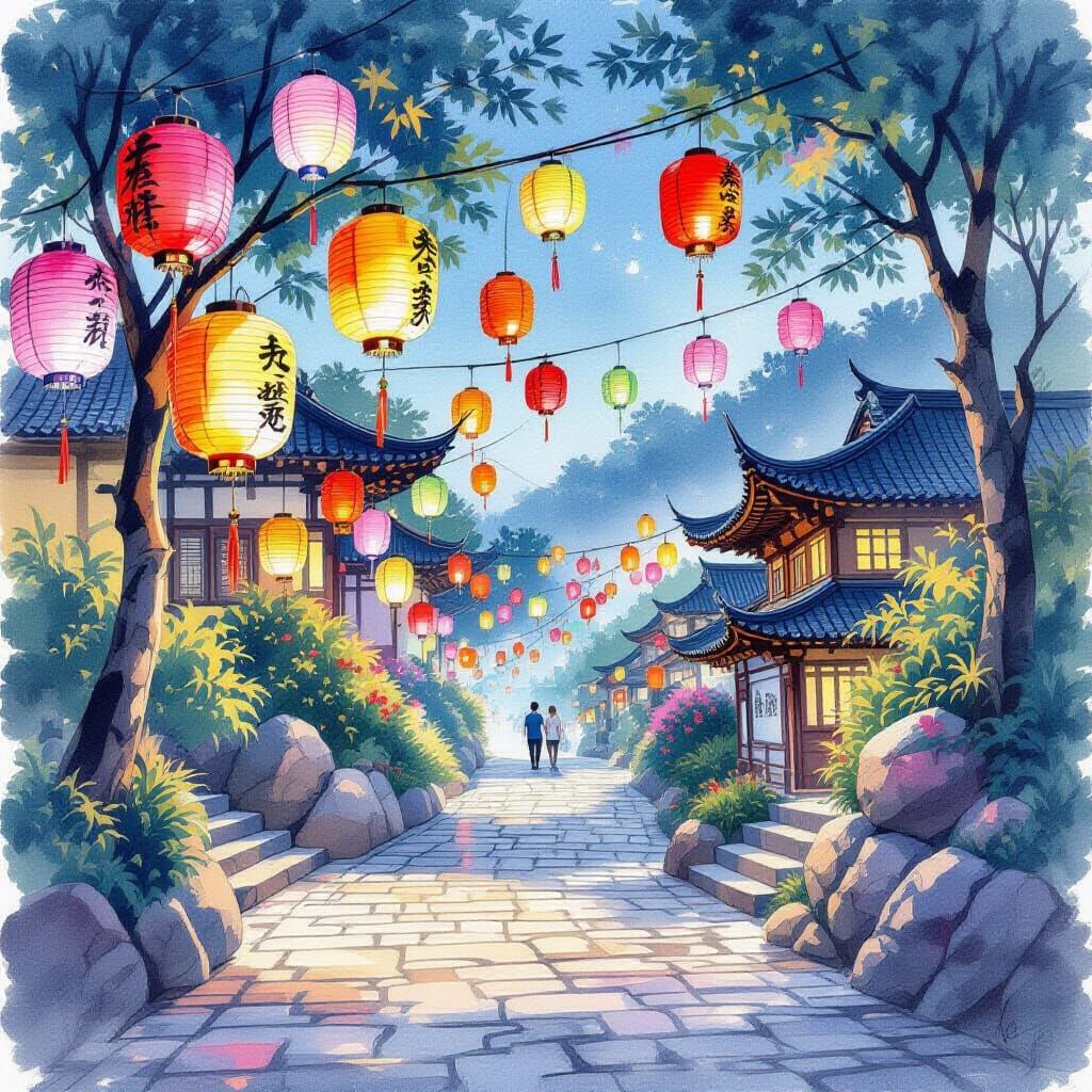 Heavenly Path Illuminated by Lanterns: Gouache Painting