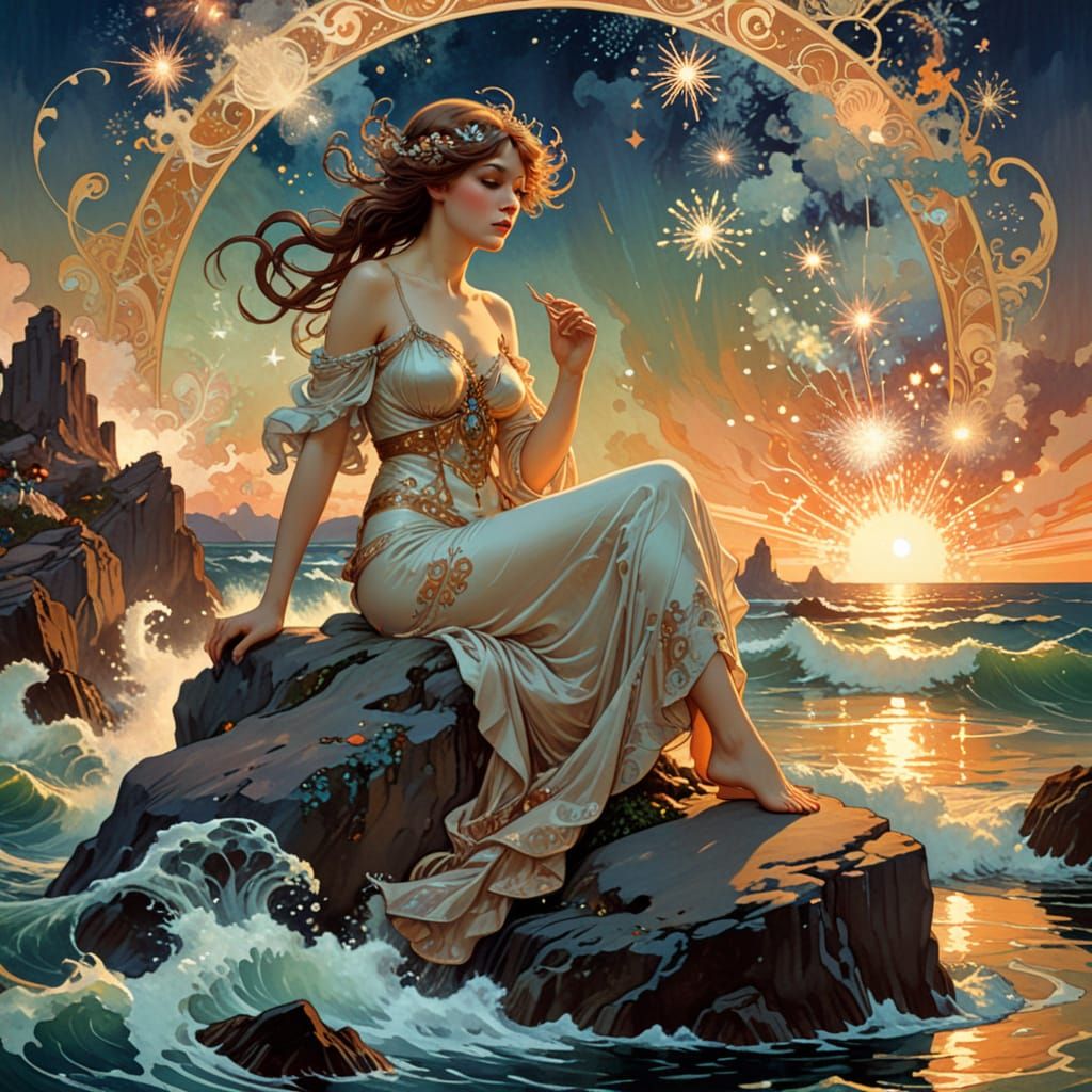 Surrealistic Jugendstil Scene with Fireworks and Neptune