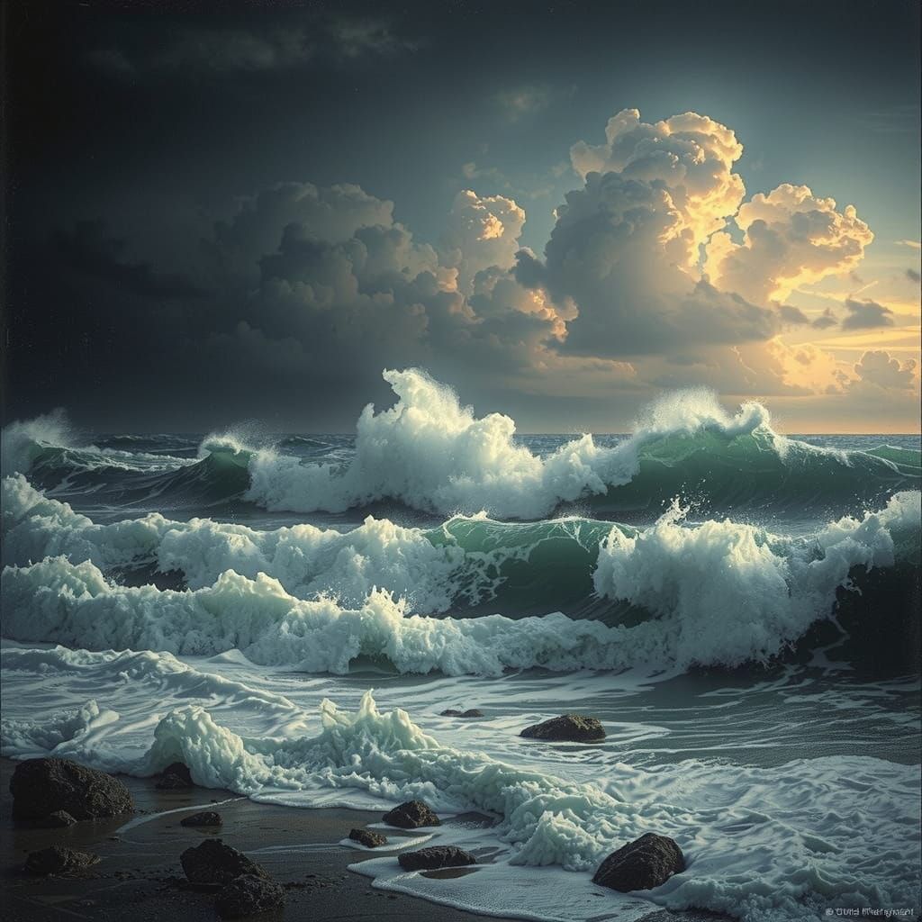 Turbulent Night Sea with Foaming Waves