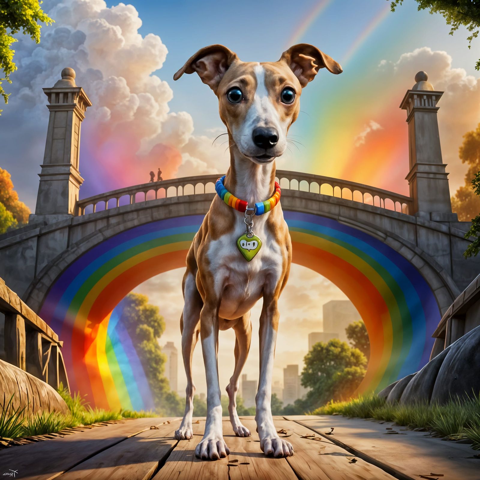 Whippet Dog Waiting at the Rainbow Bridge in Vibrant Pixar S...