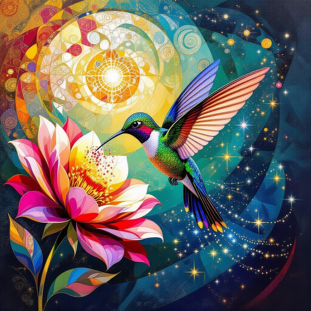 Celestial Hummingbird Sipping Nectar in Klimt-Max-Mack Style
