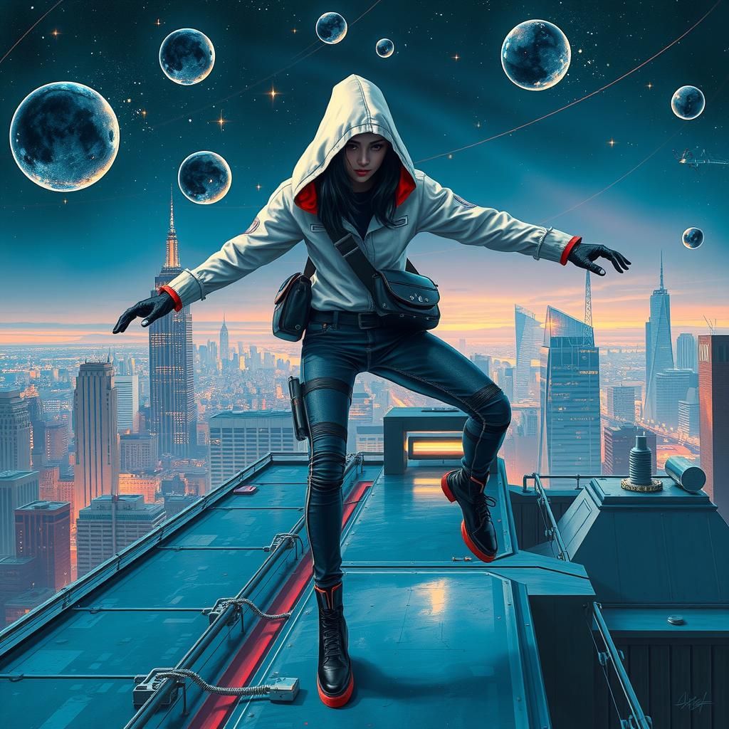 Cyberpunk Robotic Woman Parkours Across New York Rooftop