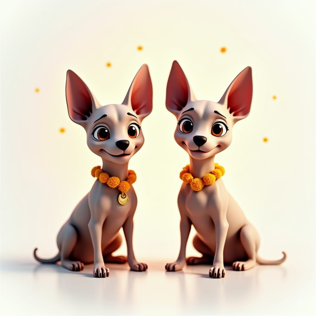 Hairless Dogs in Pixar Style with Flower Necklaces