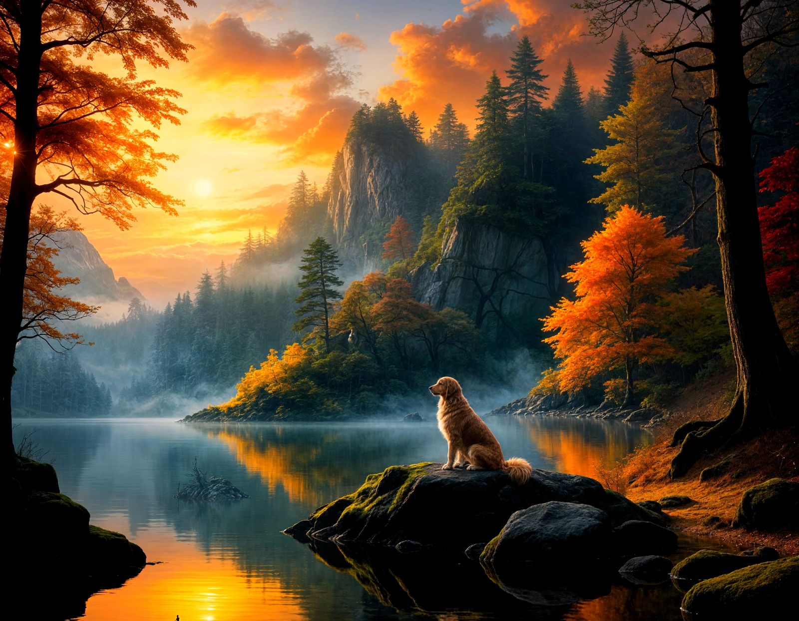 Serene Lake Scene with Golden Retriever and Moonrise