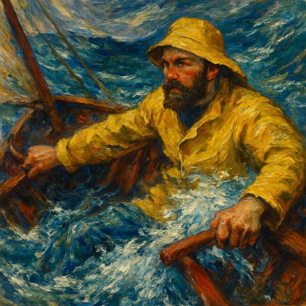 Sailor Battles Storm in Impressionistic Painting