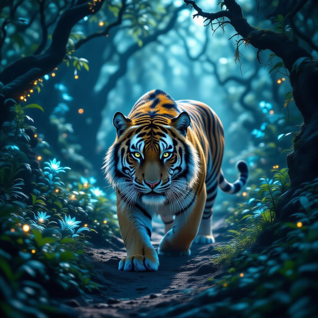Majestic Tiger in Mystical Forest with Ethereal Light