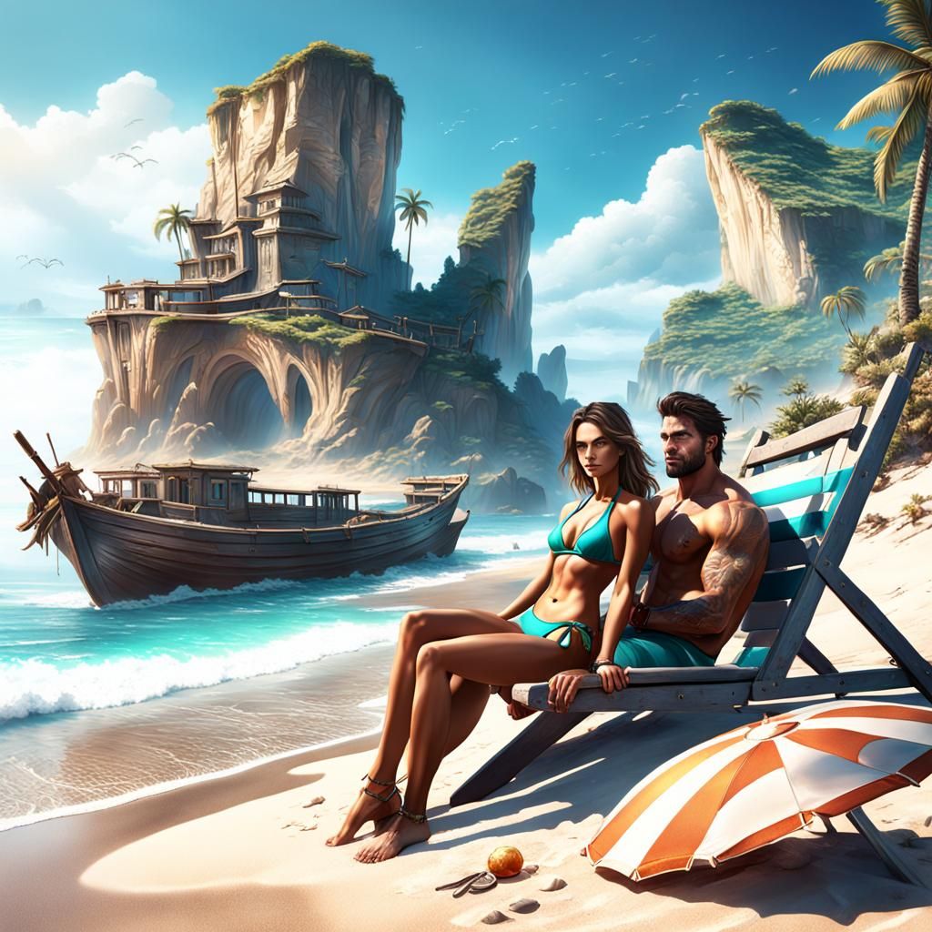 Girl and Boy on Beach: Fantasy Matte Painting