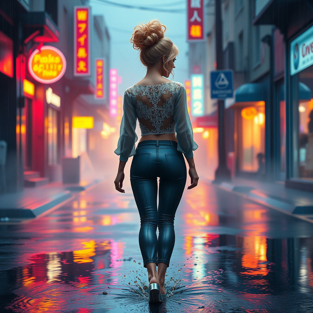 Woman Splashing in Rainy Street, Detailed Matte Painting