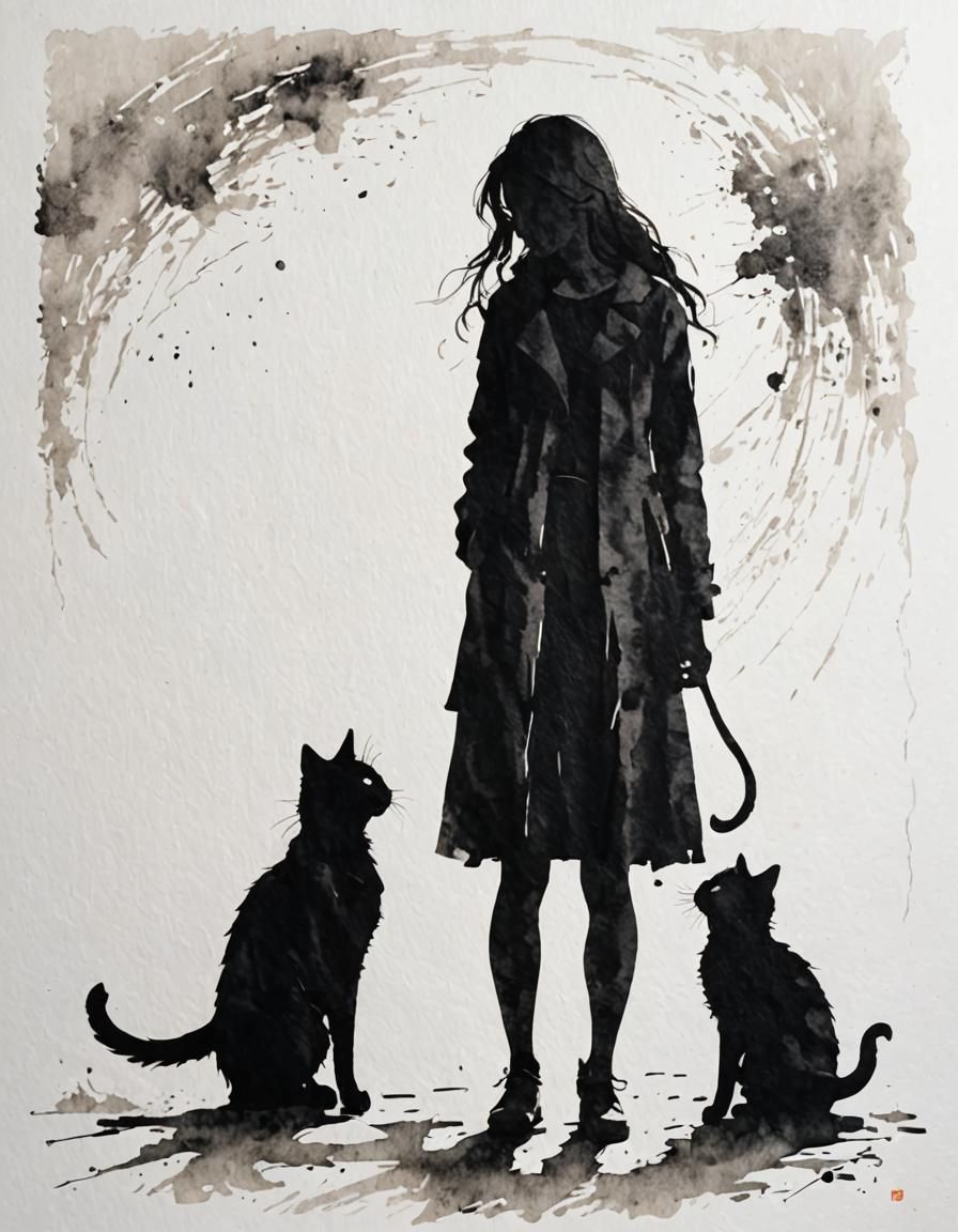 Girl and Cat Silhouette in Impressionist Style