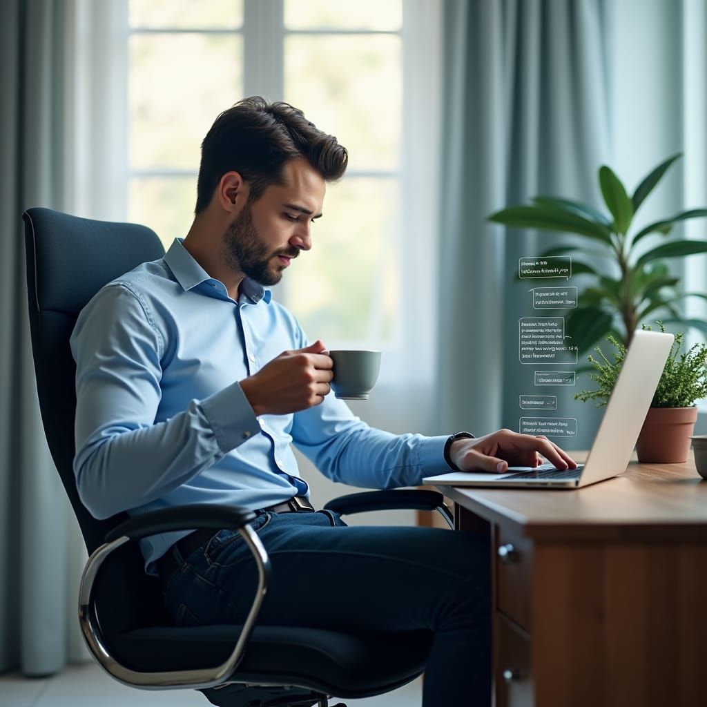 Entrepreneur in a Futuristic Workspace, Sipping Coffee and S...
