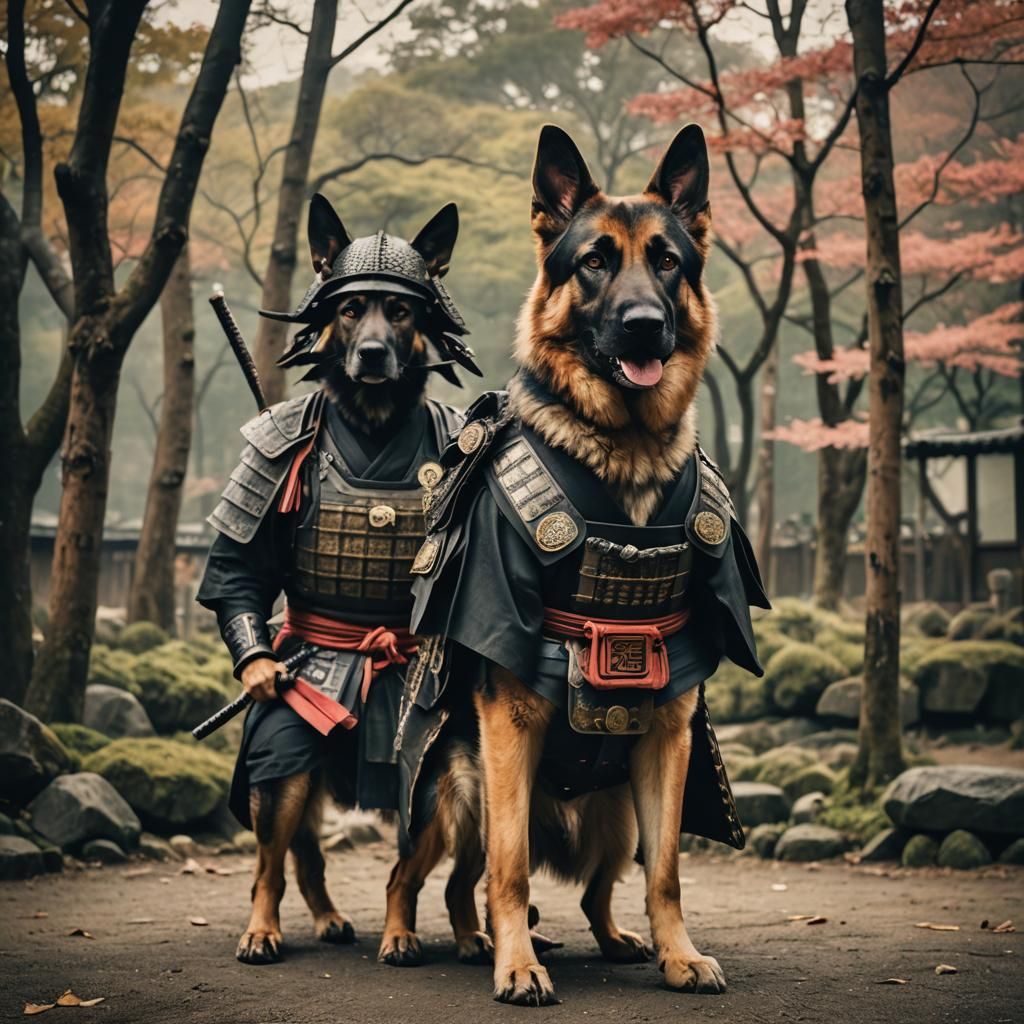 Samurai German Shepherd in Old Japan