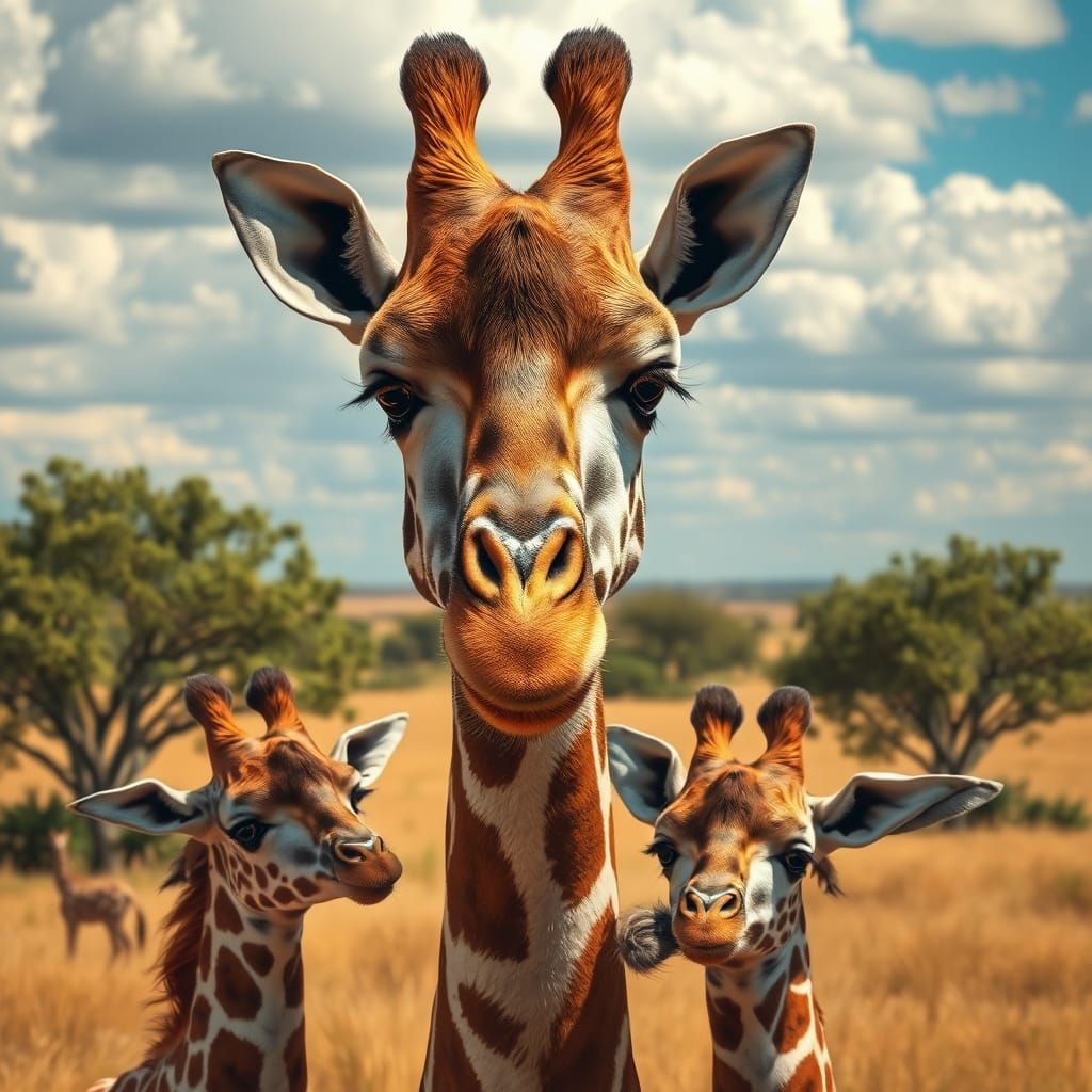Surrealistic Photorealistic Giraffe Family amidst Golden Sav...
