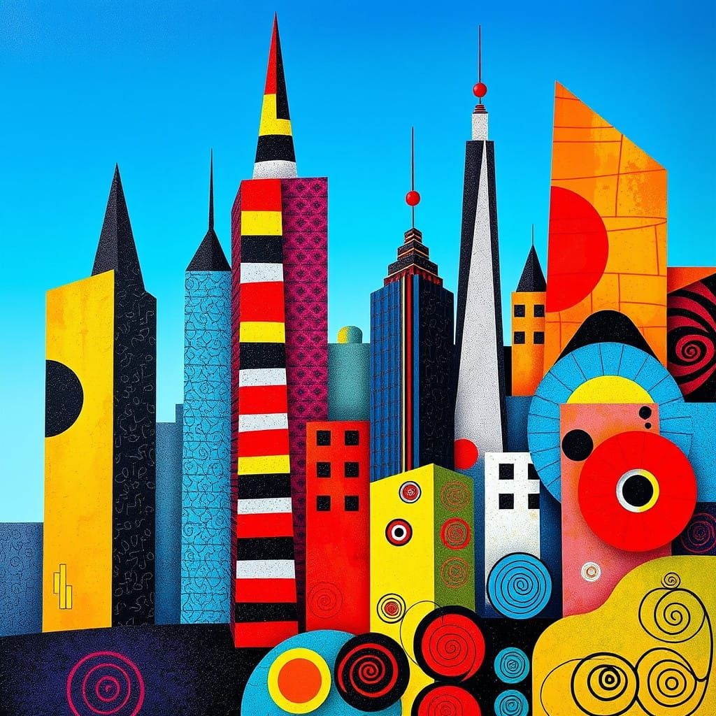 Geometric Cityscape in Vibrant, Fantasy-Inspired Art Style