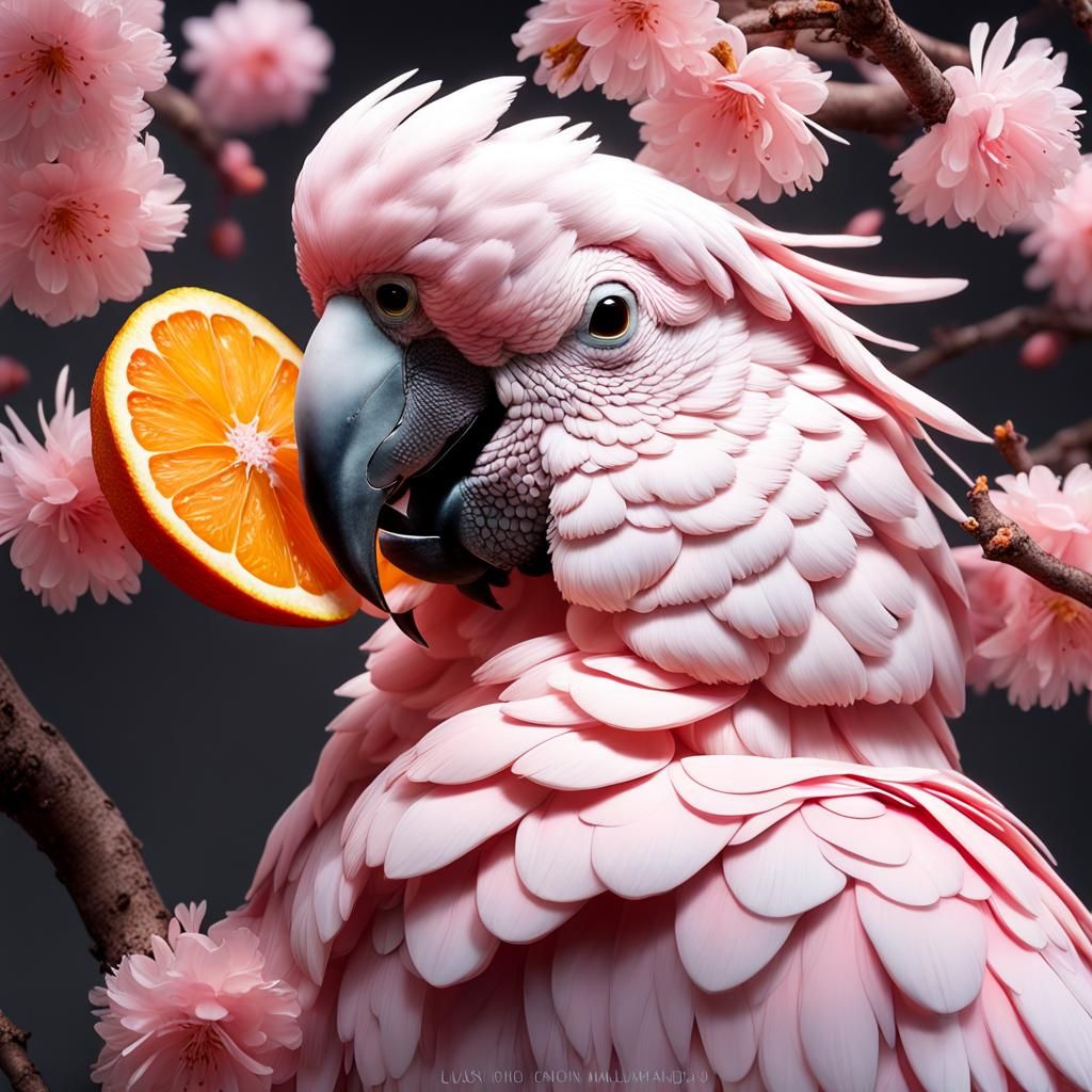 Pink Cockatoo with Sakura Blossoms: Hyperrealistic Photograp...