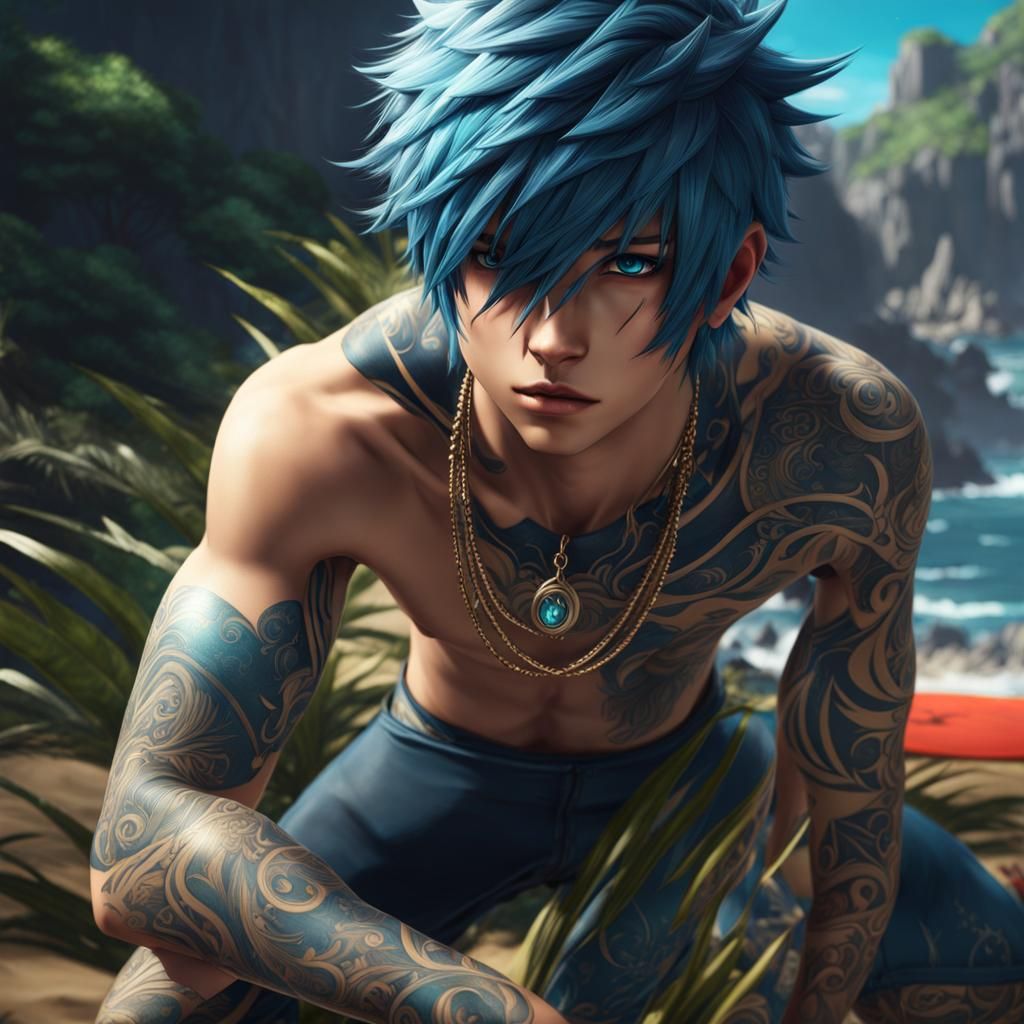 Emo Neko Boy with Tattoos in Anime Style