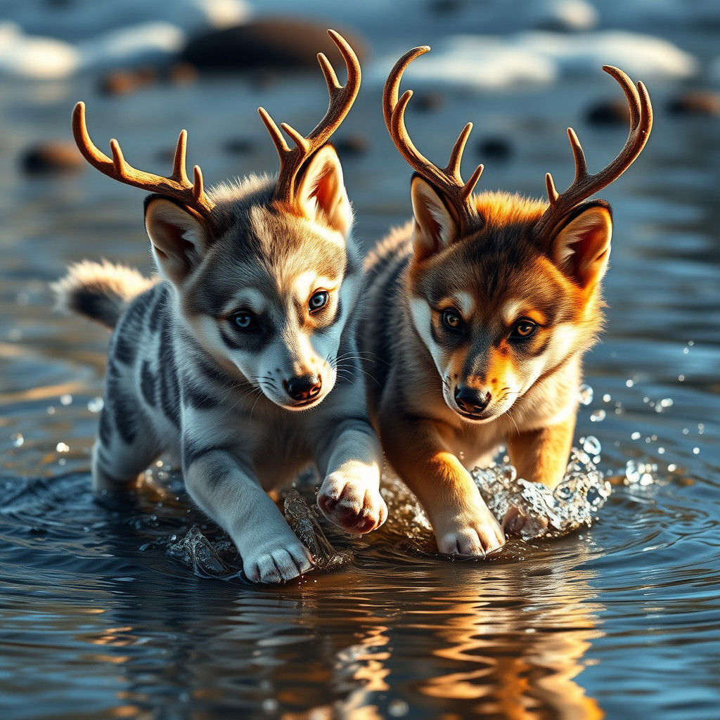 Wolf Pups with Antlers Frolicking in Water