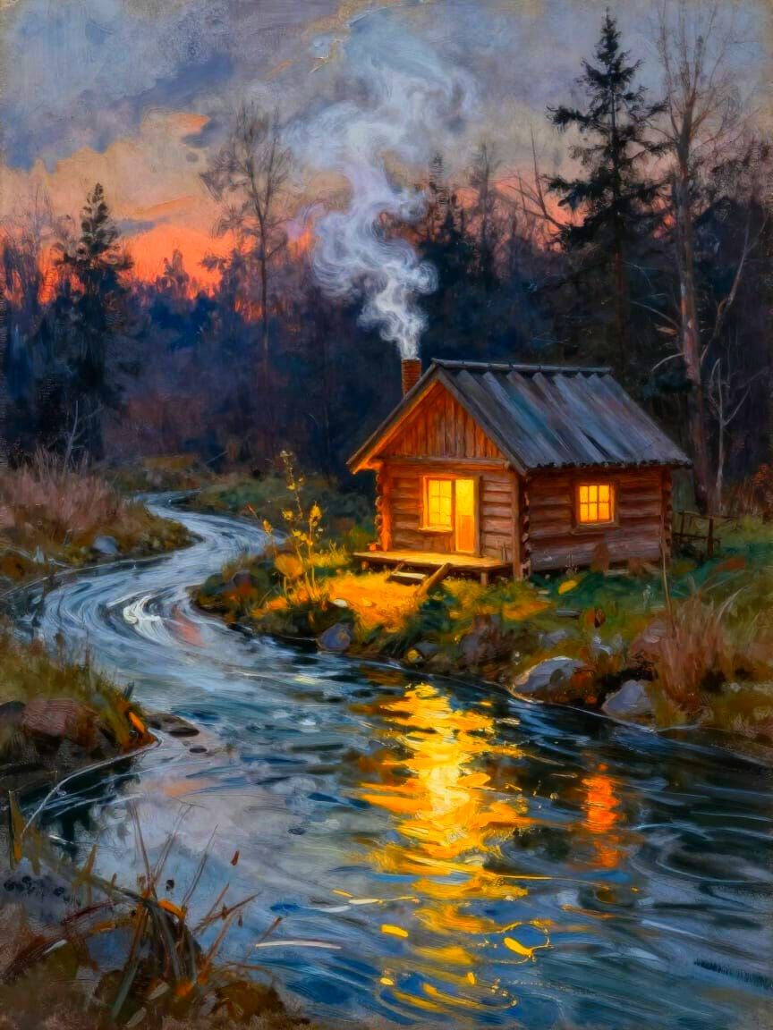 Cozy Cabin by Glowing River in Twilight