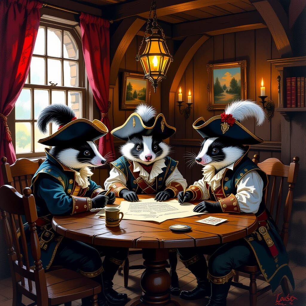 Skunk Pirates Plotting in Cozy Tavern, Gouache Style