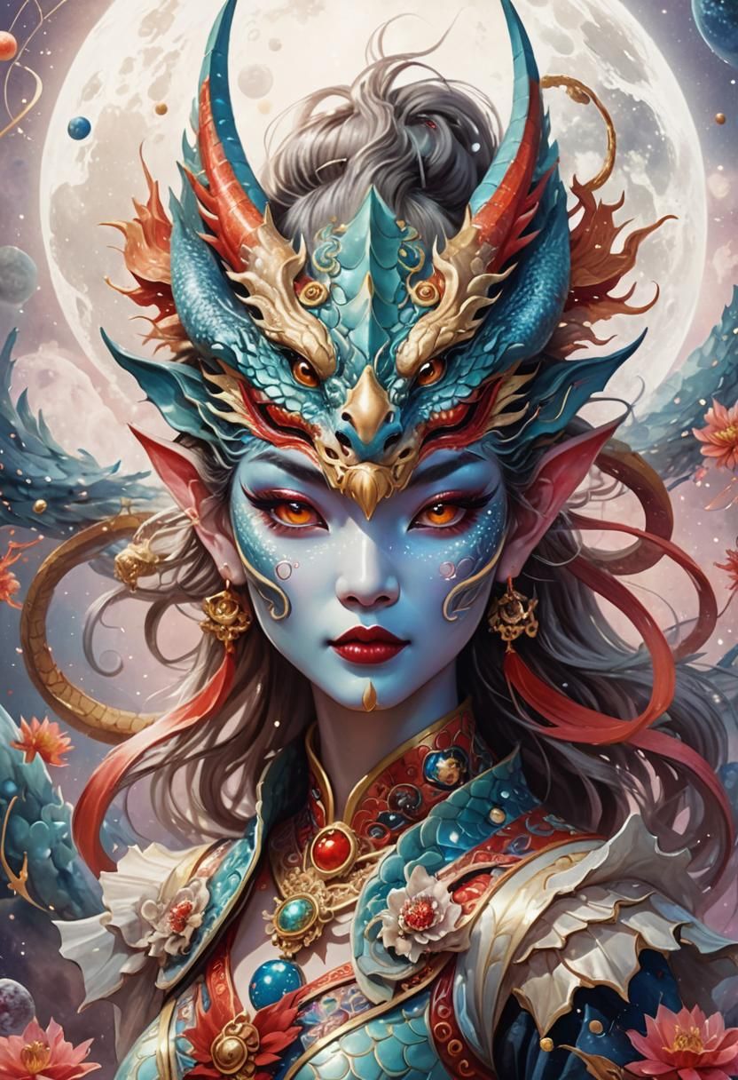 Cosmic Dragon Woman Fantasy Portrait in Digital Painting
