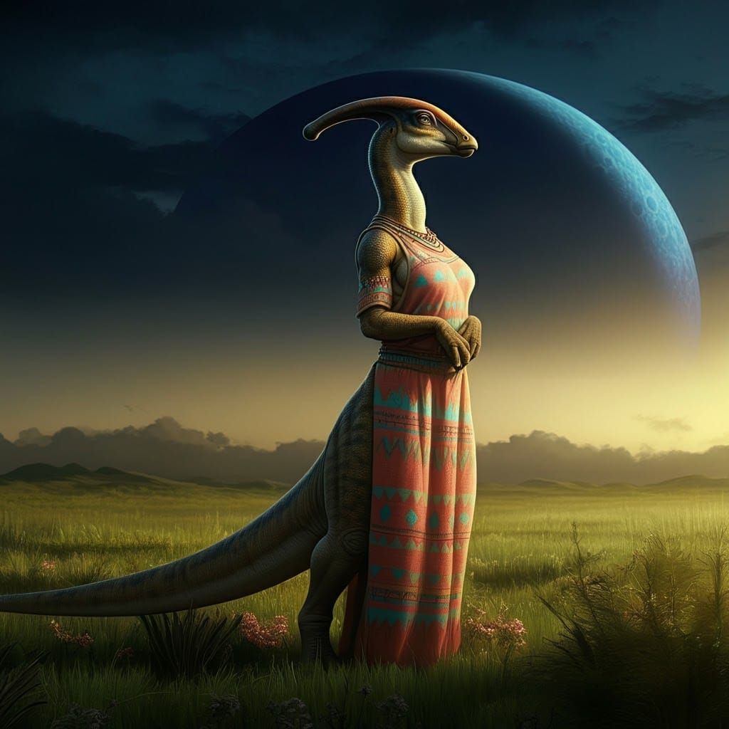 Parasaurolophus Woman in Prairie at Sunset