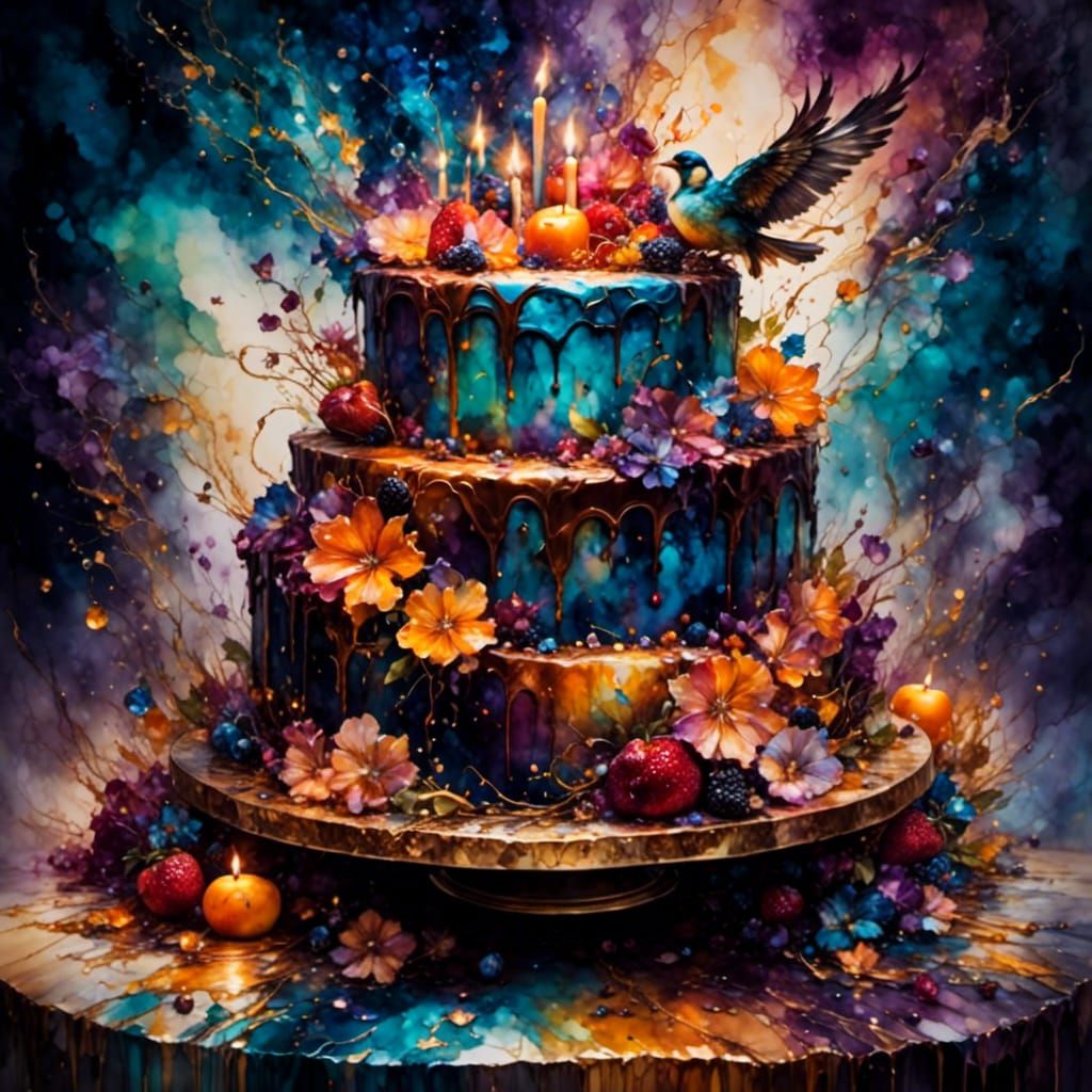 Street Art Birthday Cake with Candles and Fruit