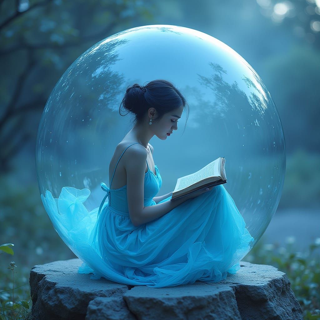 Woman Reading in Glass Cube at Sunset