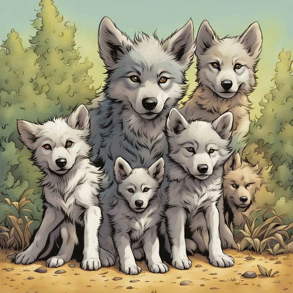 Newborn Wolf Pups Illustration