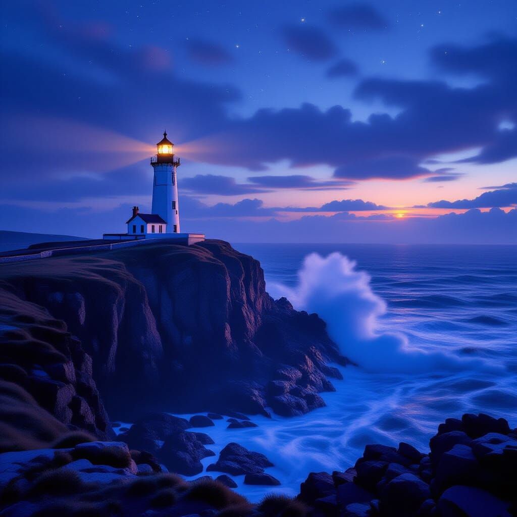 Twilight Lighthouse: A Romantic Hyperrealistic Landscape