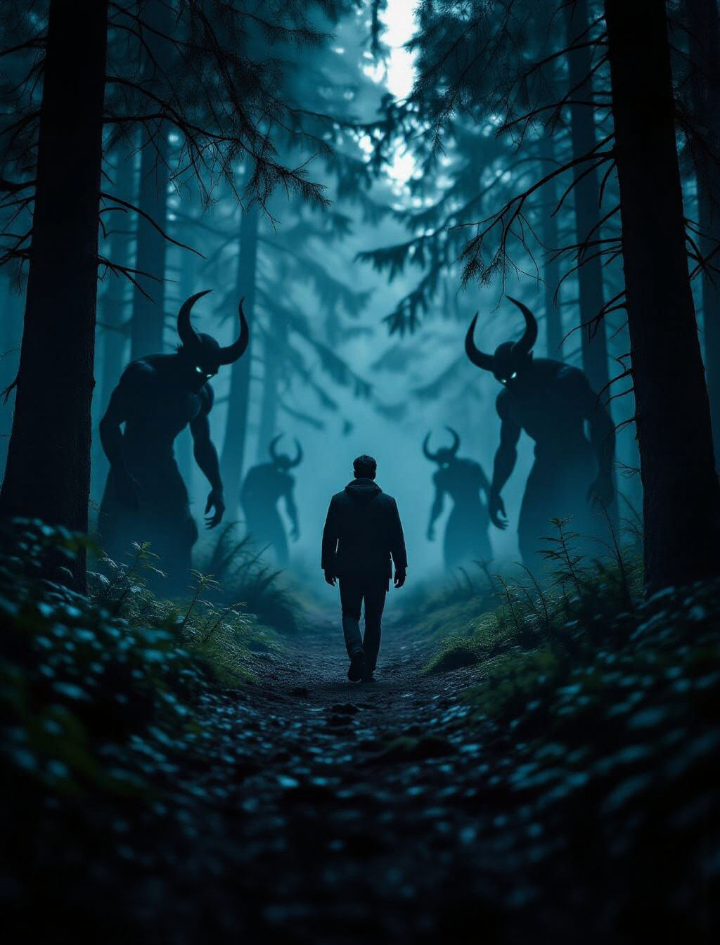 Man Walking in a Dark Forest with Demons