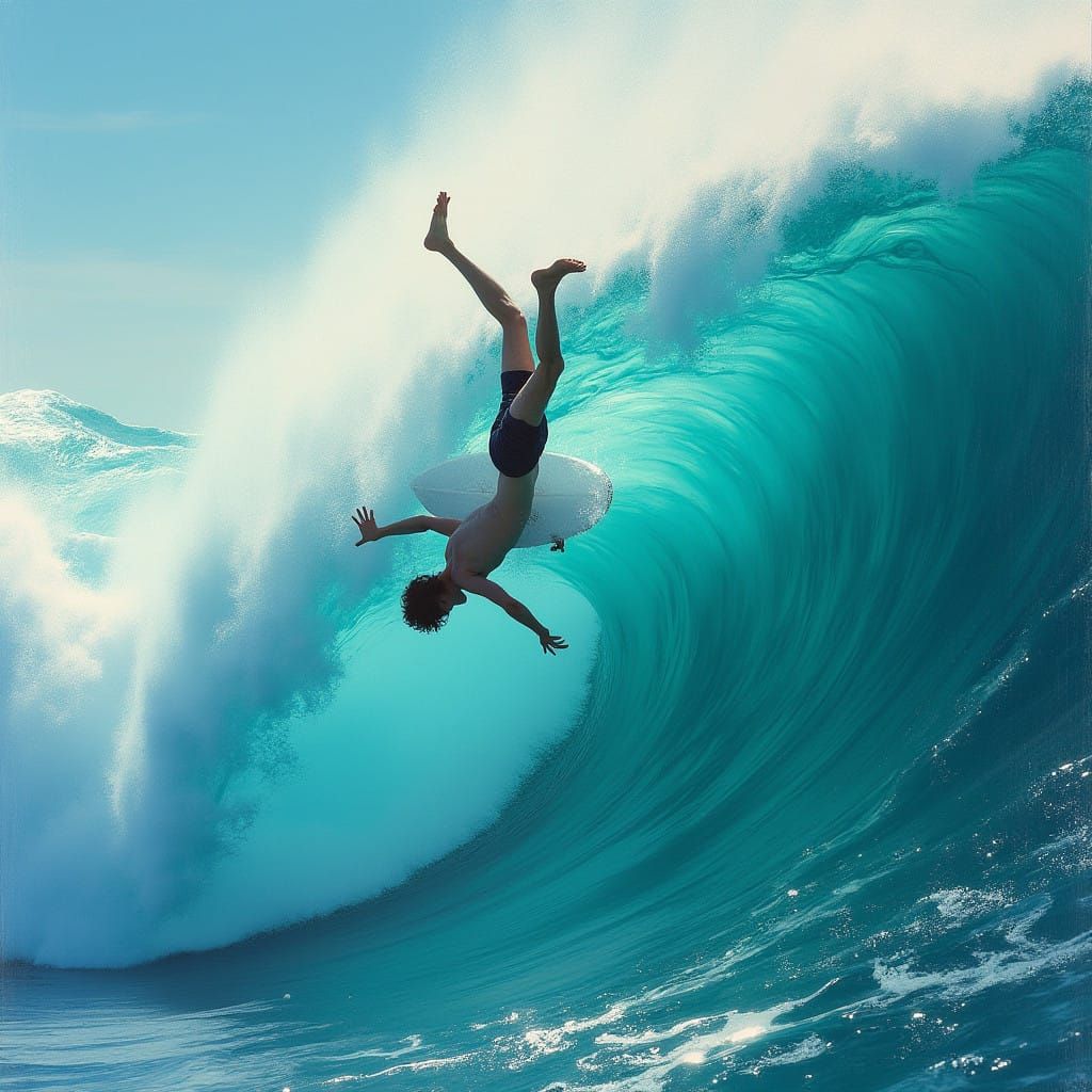 Surfer Leaping Free in Vibrant Turquoise Wave