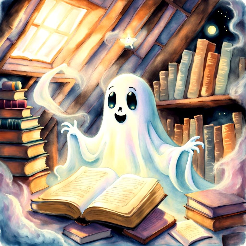 Friendly Ghost Reads in Pastel Attic