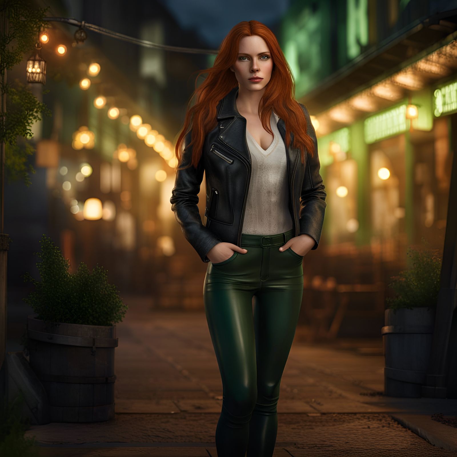 Beautiful Auburn-Haired Woman in Leather Jacket, 8K Photo