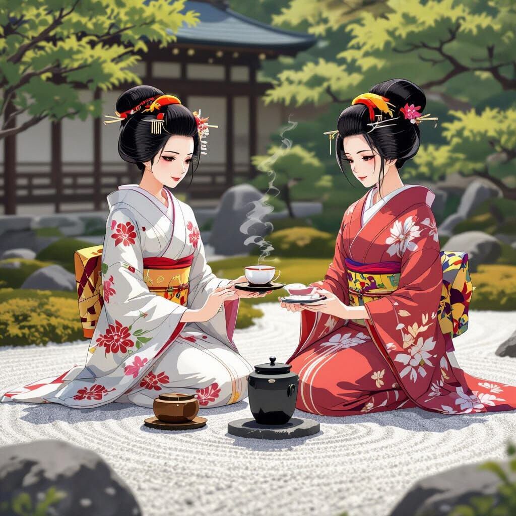 Elegant Geisha Serving Tea in Zen Garden