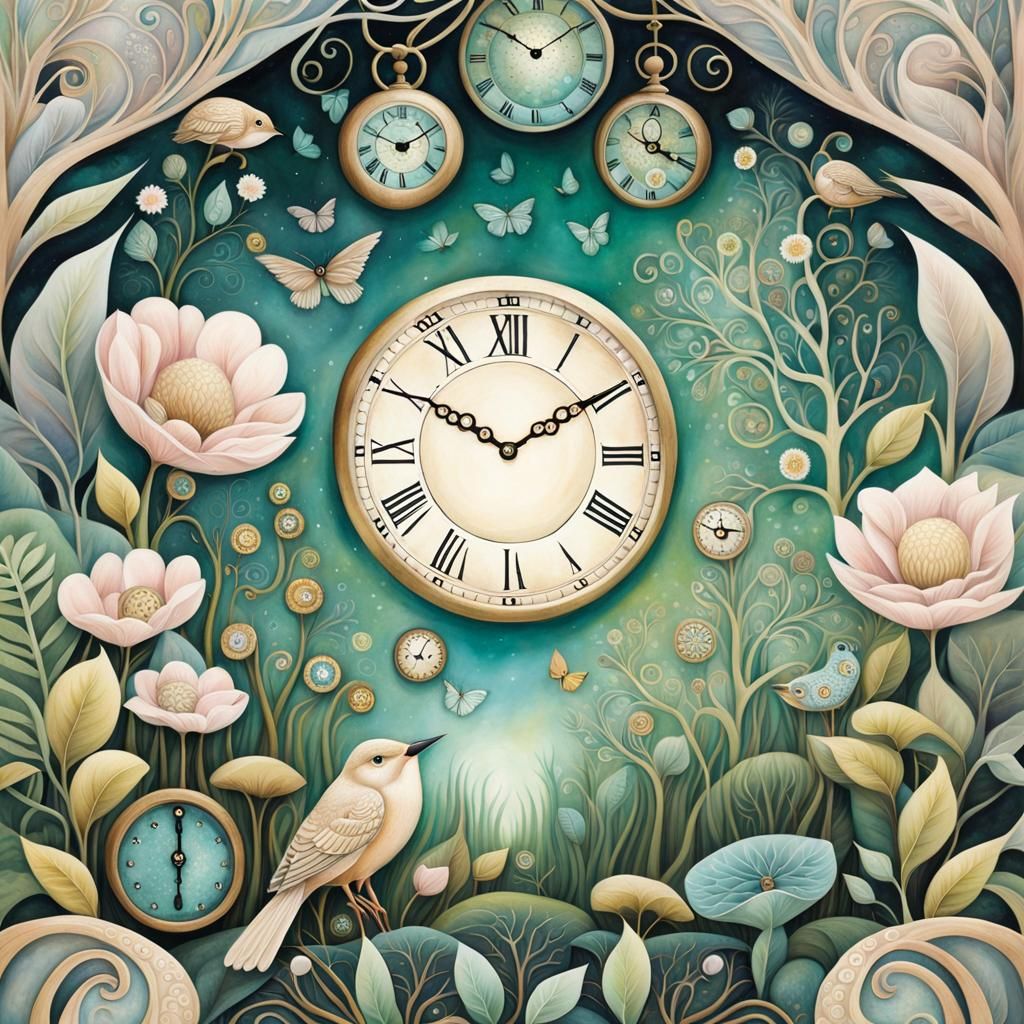 Enchanted Forest Scene with Mystical Time Elements