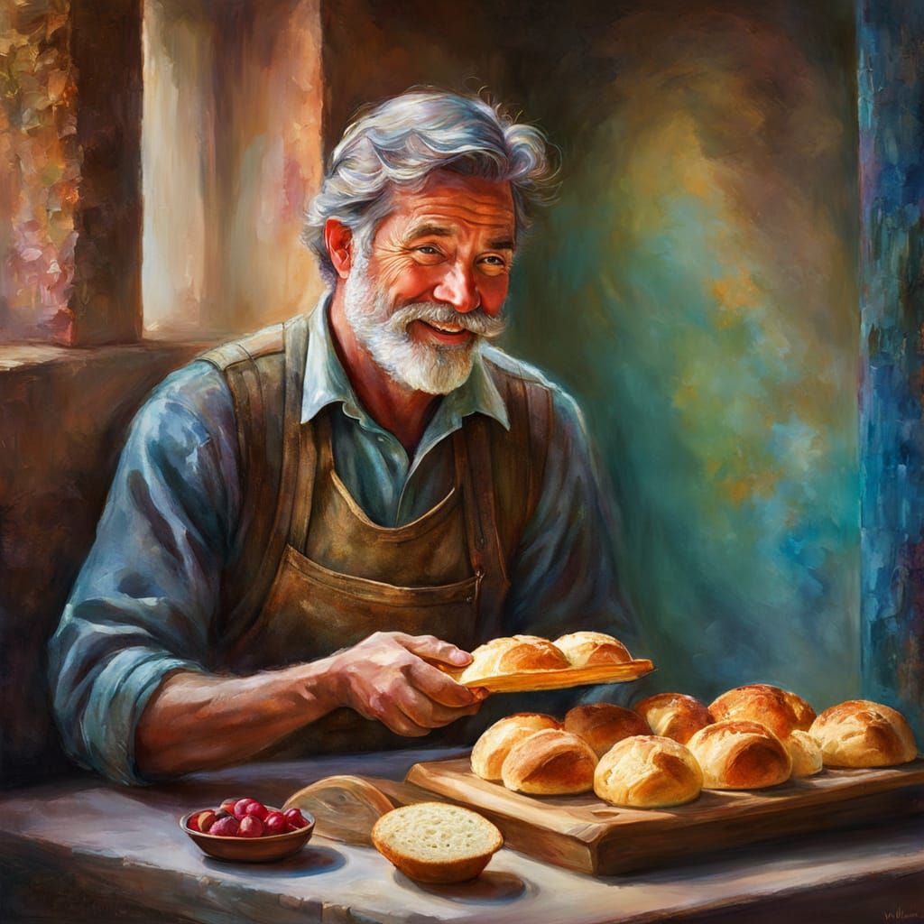 Cheerful Man with Sparkling Bread in Portal