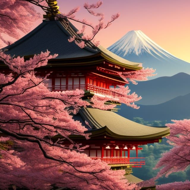 Japanese Temple with Cherry Blossoms at Sunrise