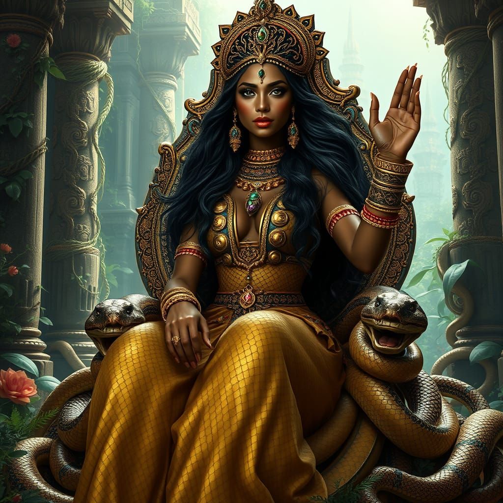 Majestic South Asian Queen Surrounded by Serpents in Ancient...
