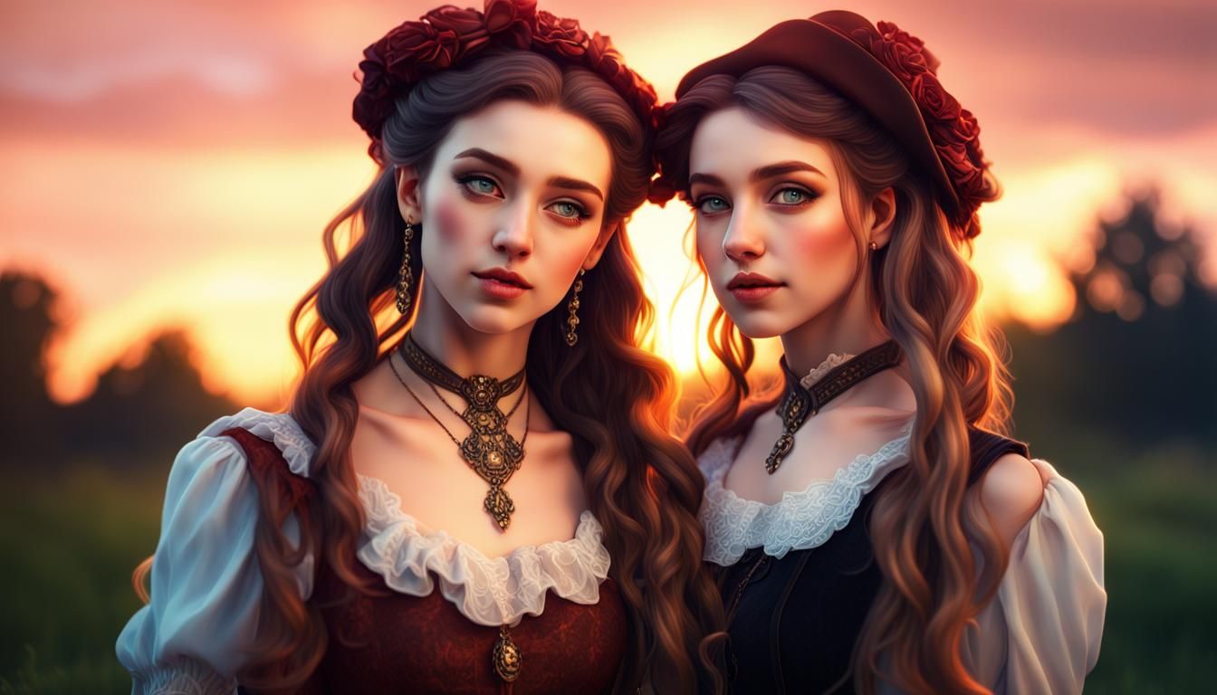 Victorian Girls Portrait in Anime Realism Style