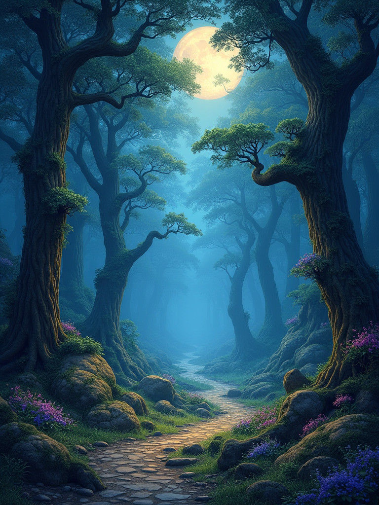 Magical Medieval Japanese Forest Landscape at Night